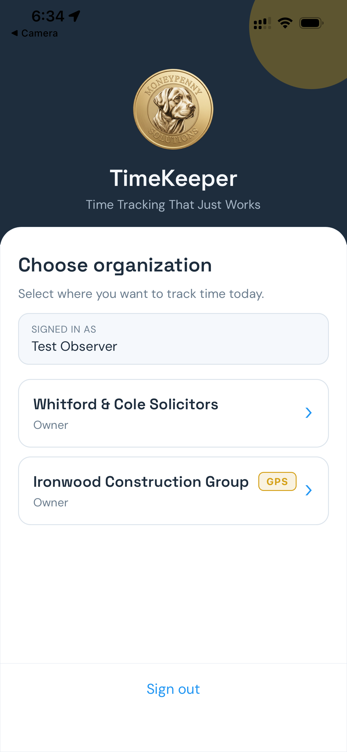 TimeKeeper mobile app organisation picker showing Whitford and Cole Solicitors and Ironwood Construction Group