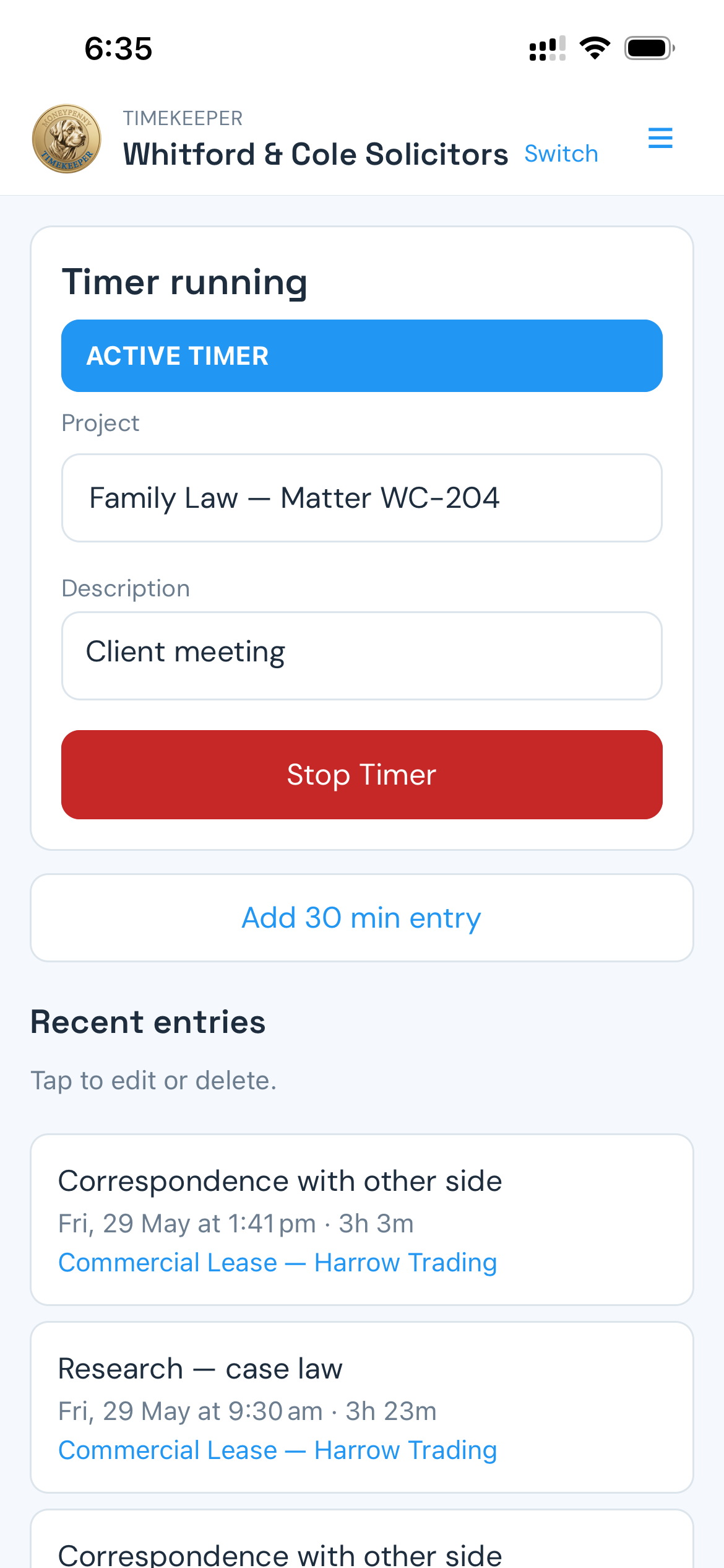 TimeKeeper mobile timer running on a project with recent entries below