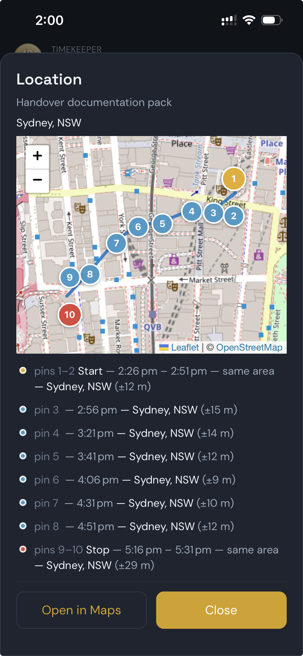 TimeKeeper mobile app showing a worker route on an in-app map while a timer runs (Ironwood Construction, dark theme)