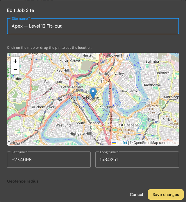 TimeKeeper web Job Sites settings with map pin-drop for geofence locations (Ironwood Construction, dark theme)