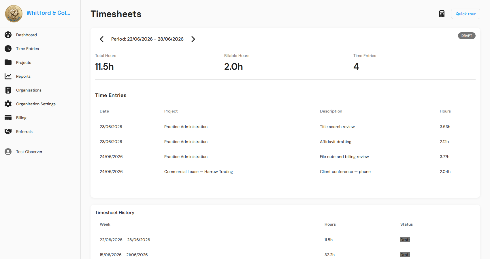 TimeKeeper web Timesheets for Whitford and Cole Solicitors showing weekly period totals and time entry list